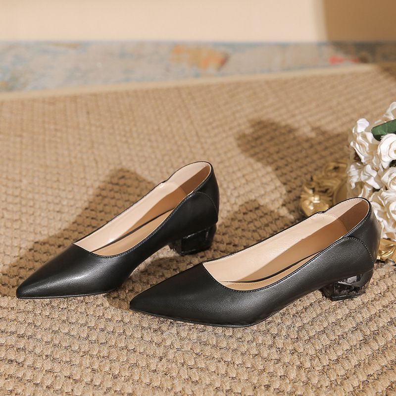 wangjia Wangjia Soft Professional Women S New Shallow Mouth Pointed Toe Chunky Heel Single Comfortable Work Black_vogvips.com