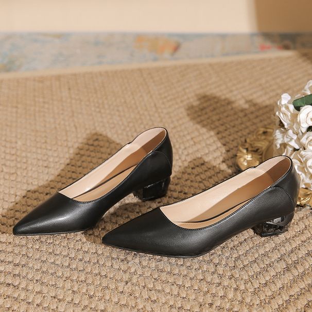 wangjia Wangjia Soft Professional Women S New Shallow Mouth Pointed Toe Chunky Heel Single Comfortable Work Black_vogvips.com