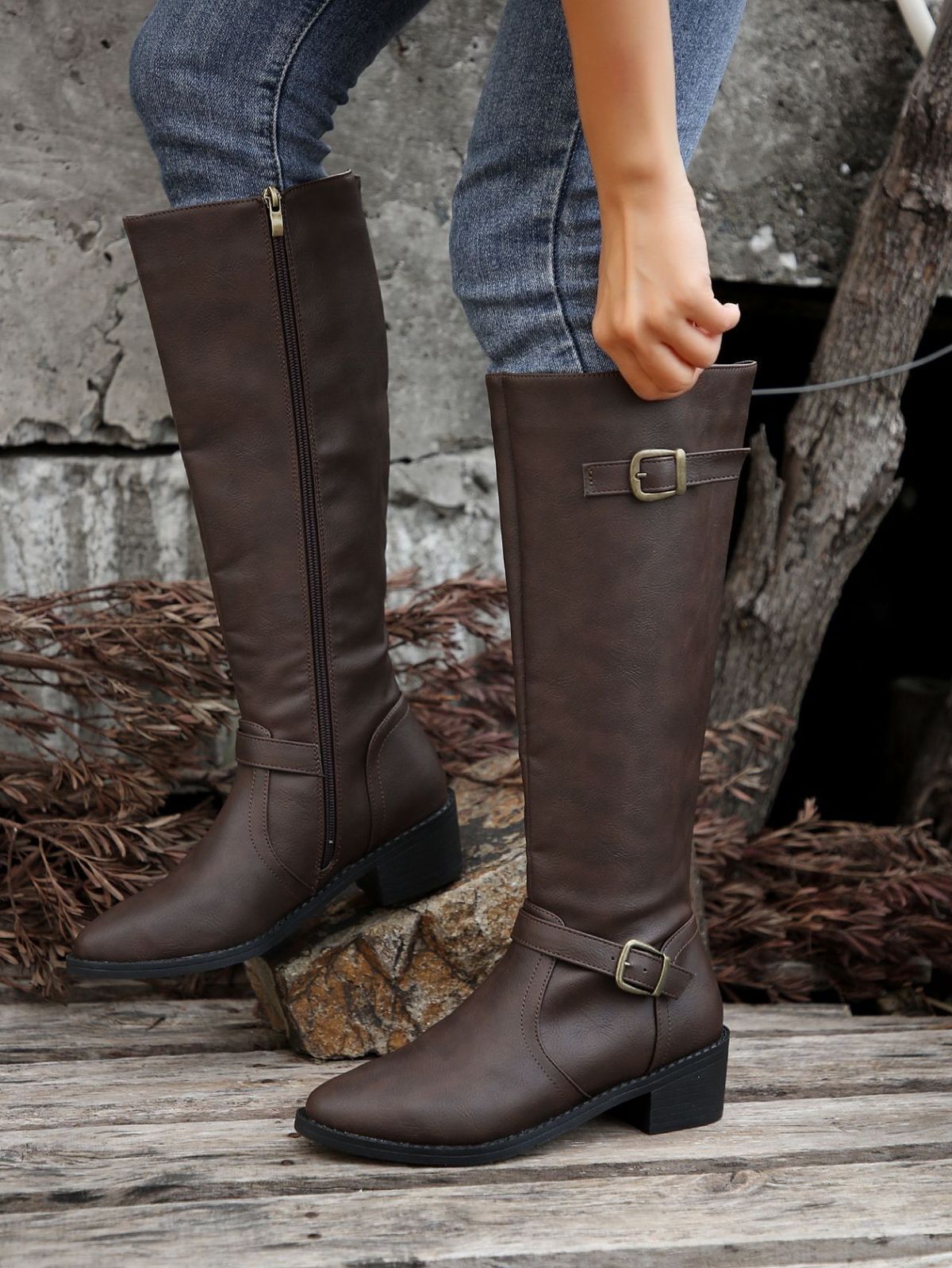 Women's Shoes 43 Large Size Women's Winter New Women's Leather Boots Side Zipper High Boots High Heel Belt Buckle Knight Boots_vogvips.com