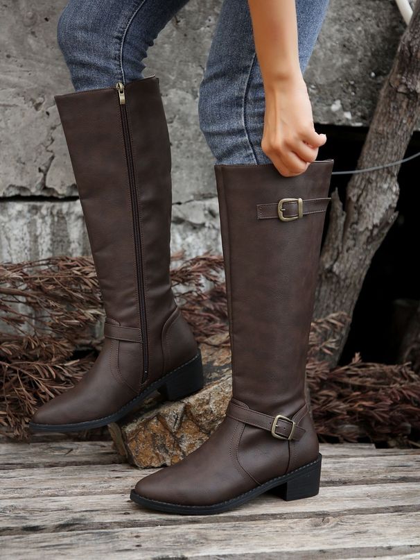 Women's Shoes 43 Large Size Women's Winter New Women's Leather Boots Side Zipper High Boots High Heel Belt Buckle Knight Boots_vogvips.com