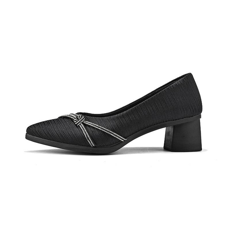 Fashion Classic Black Rhinestone Cross-decorated Chunky Heel Women's Shoes Made Of Lycra Fabric With Pointed Toe And Medium Heel_vogvips.com