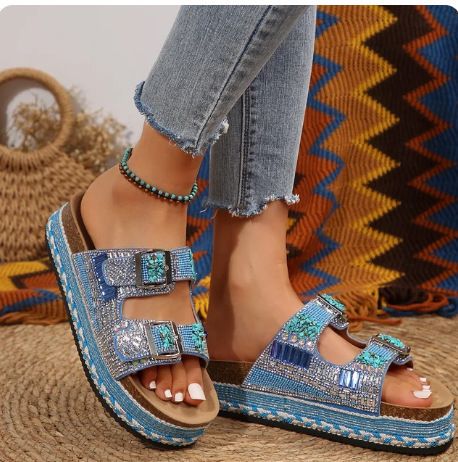 Thick Soled Rope Double Buckle Rhinestone Cork Beach Slippers Large Size Women's Shoes Sparkling_vogvips.com