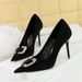 825-K69 Korean Fashion Banquet High Slim Heels Women's Suede Shallow Mouth Pointed Metal Water Diamond Buckle Single_vogvips.com