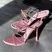 Women's New Pink High-heeled Sandals Thin Heels, Sexy Open-toe Design, One-strap With Rhinestone Letters, Versatile And_vogvips.com