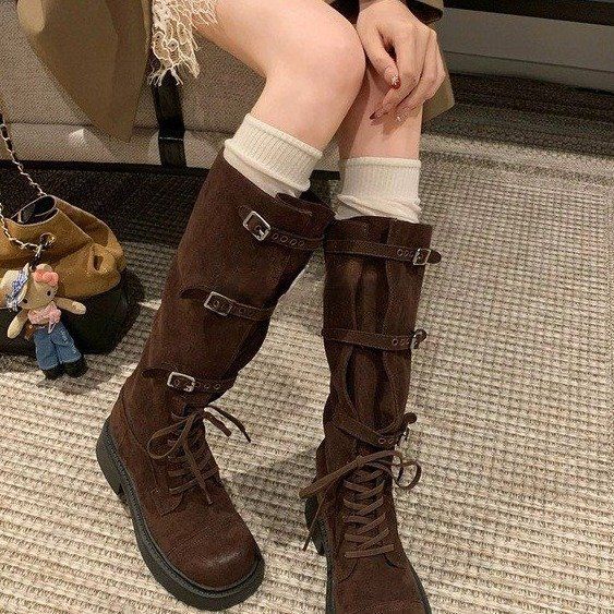 25 Autumn And Winter High-top Rider Boots, Women's Retro Lace-up Long Boots_vogvips.com