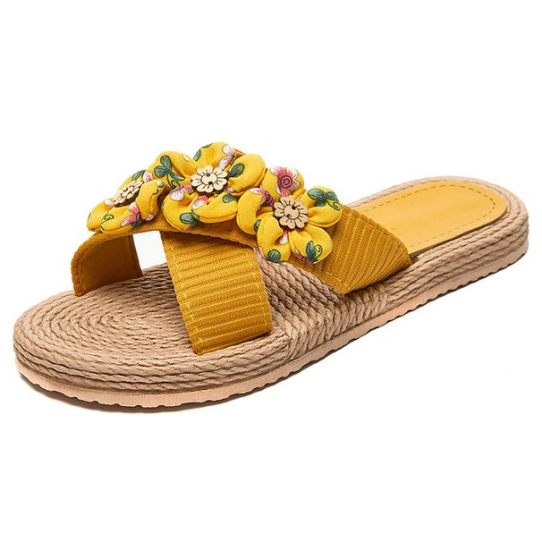 New Summer Women's One-Strap With Jute Sole, Solid Color, Fashionable Trendy Indoor Outdoor Six Little Flower Slippers_vogvips.com
