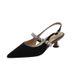 Super Slimming~ French Style Rhinestone Silver Pointed Open Back Mary Jane Leather Shoes Small Heel Closed Toe Sandals_vogvips.com