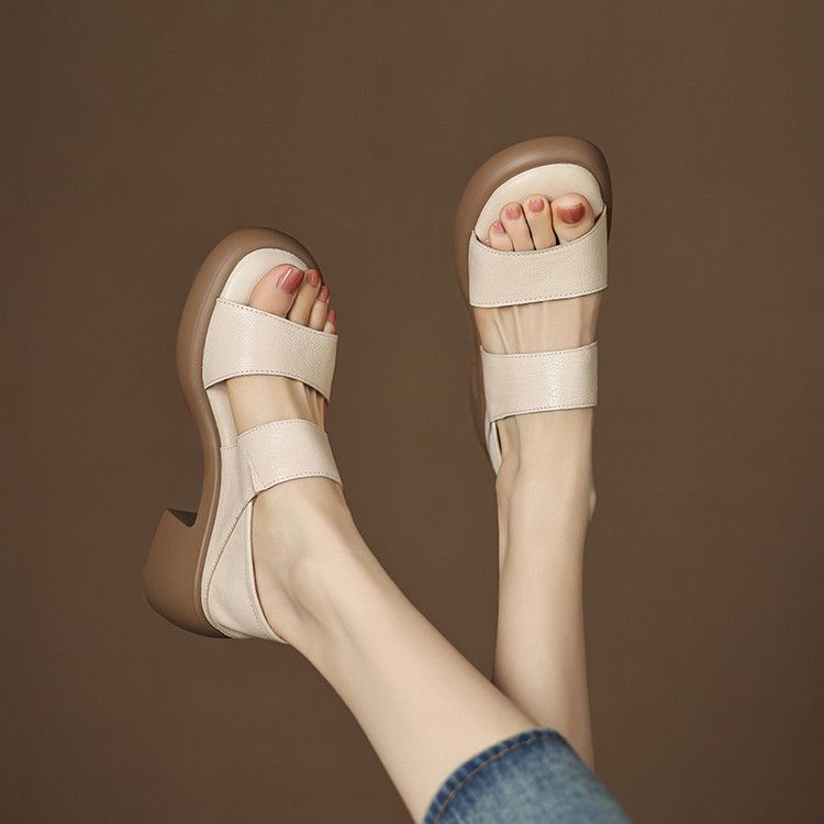 Soft Leather Version~ 6cm Super Soft Leather Soft Sole One Word With Fish Mouth Sandals Women's Summer Wear Thick Heel High Heel Roman Shoes_vogvips.com