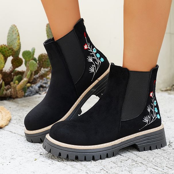 Women's Plus Size Elastic Ankle Boots British Style Embroidered Suede Round Toe Winter Martin Boots Red Black Over-the-Ankle PU_vogvips.com