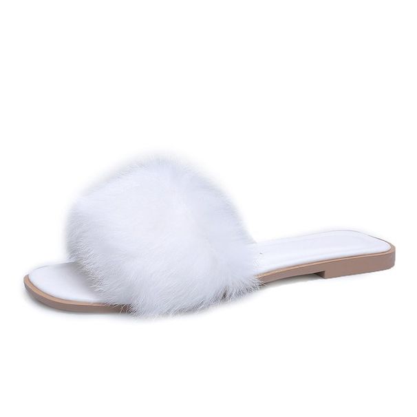 Women's Flat Sandals Summer Fashion Fuzzy Square Head Flat One Strap Sandals Korean Style Trendy Lazy Outdoor Slide Sandals For Ladies_vogvips.com