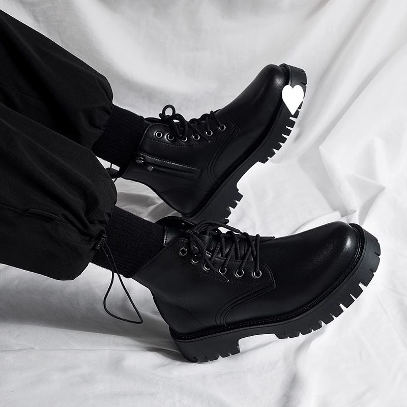 European Warm Series Side Zipper Martin Men High Top British Style Black Work Motorcycle Autumn Men's Shoes Height Increasing Mid-Top Short_vogvips.com