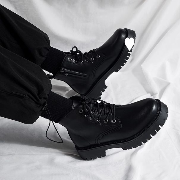 European Warm Series Side Zipper Martin Men High Top British Style Black Work Motorcycle Autumn Men's Shoes Height Increasing Mid-Top Short_vogvips.com
