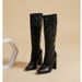 Women's Mid-Calf Boots - Pointed Toe Chunky Heel Side Zipper Satin & PU Fashion Boots For Streetwear & Evening Outfits Plus Size Women's Boots_vogvips.com