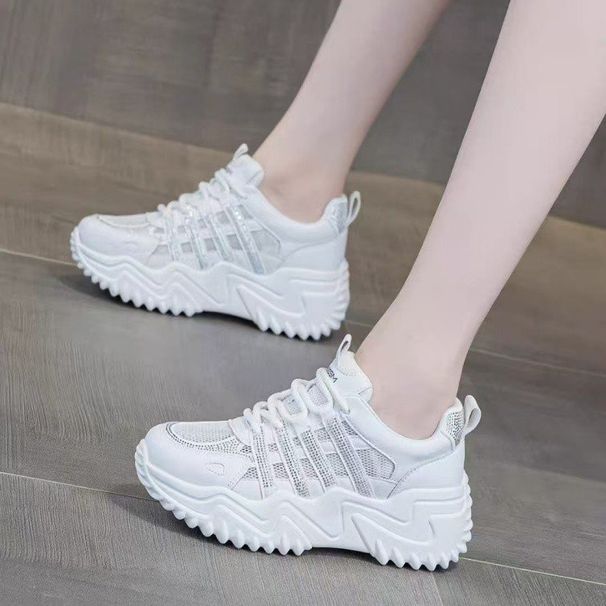 Single Net Dad Shoes Women's Rhinestone Thick Sole Heightening Lightweight Soft Sole Breathable Casual Sports Women's Shoes_vogvips.com