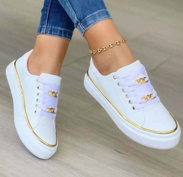 Women's Large Size 23 Thick Bottom Chain Sports Style Low Top Casual Shoes Leather Lace-Up Single Shoes American Design_vogvips.com