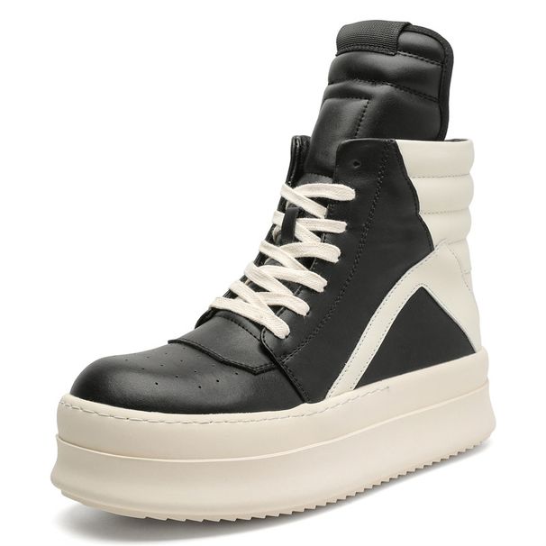 Inverted Triangular Thick Baseplate Shoes Men's Black And White Leather Dark High Street Couple Tide Shoes_vogvips.com
