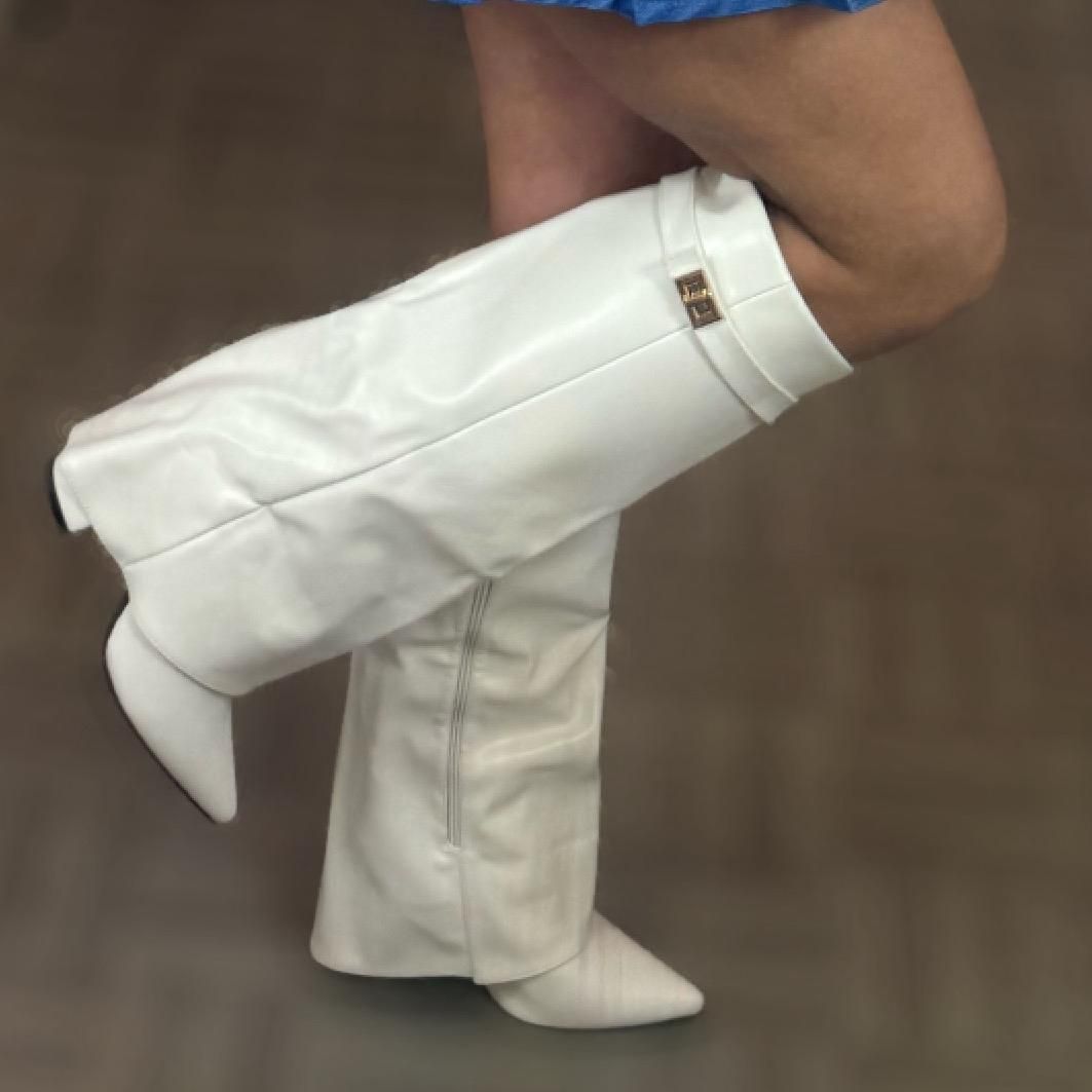 Women's Fashion Pointed Toe High Boots With Metal Buckles, Chunky Heel, Knee-High Winter Boots In PU Leather Chunky Heel, Trouser Leg Boots._vogvips.com