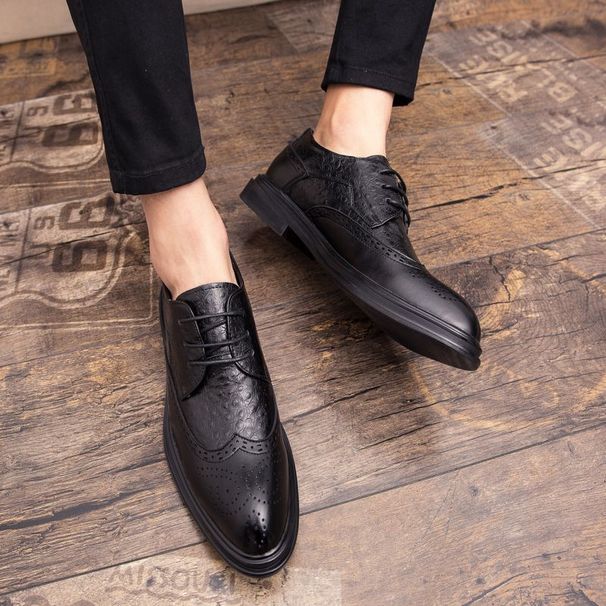 Euro Step Brogue Carved Pointed Lace-Up Leather For Men Spring New Business Formal British Style Office Shoes_vogvips.com