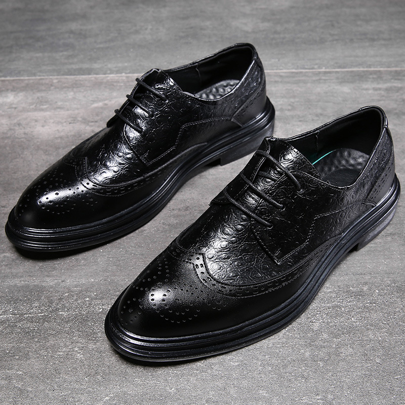 Euro Step Brogue Trendy Korean Style Men's Formal Business Casual Work Wedding Black Leather Shoes Men 1106_vogvips.com
