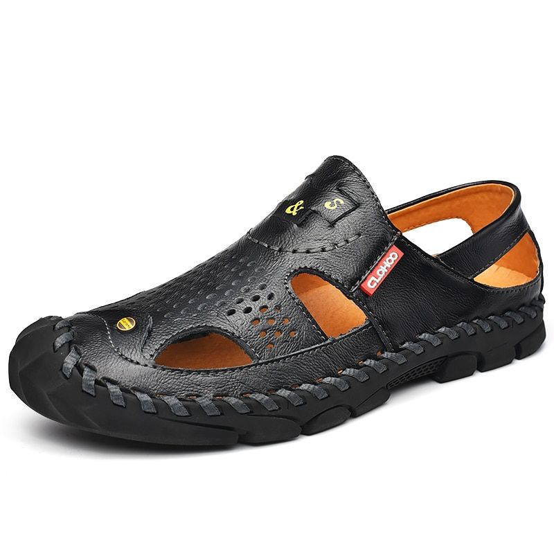 Men Genuine Leather Men's Sandals Durable Handmade Stitching Close Toe Non Slip Shoes For Indoor Outdoor Beach Casual_vogvips.com