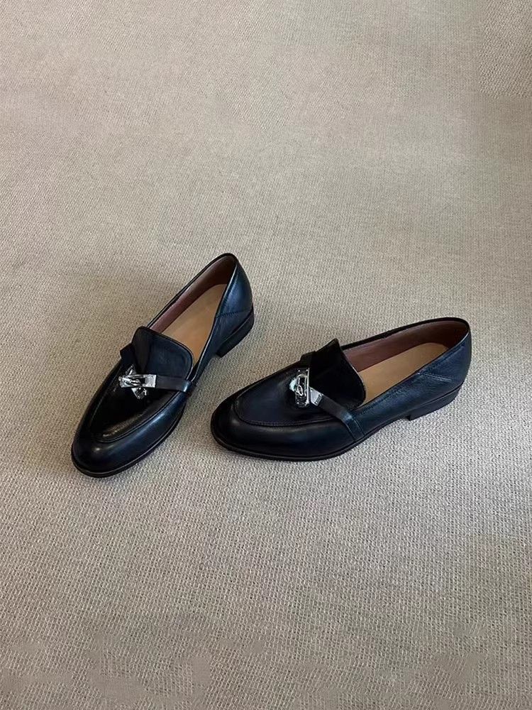 Designer Leather,vintage French-style Horse Bit Buckle Loafers,women's Flat Shoes,English-style Leather Shoes_vogvips.com