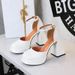 Waterproof Table High Heels Thick Heel Super High Heel Round Head Shallow Mouth Hollow Glossy Patent Leather One-word Buckle Sandals_vogvips.com