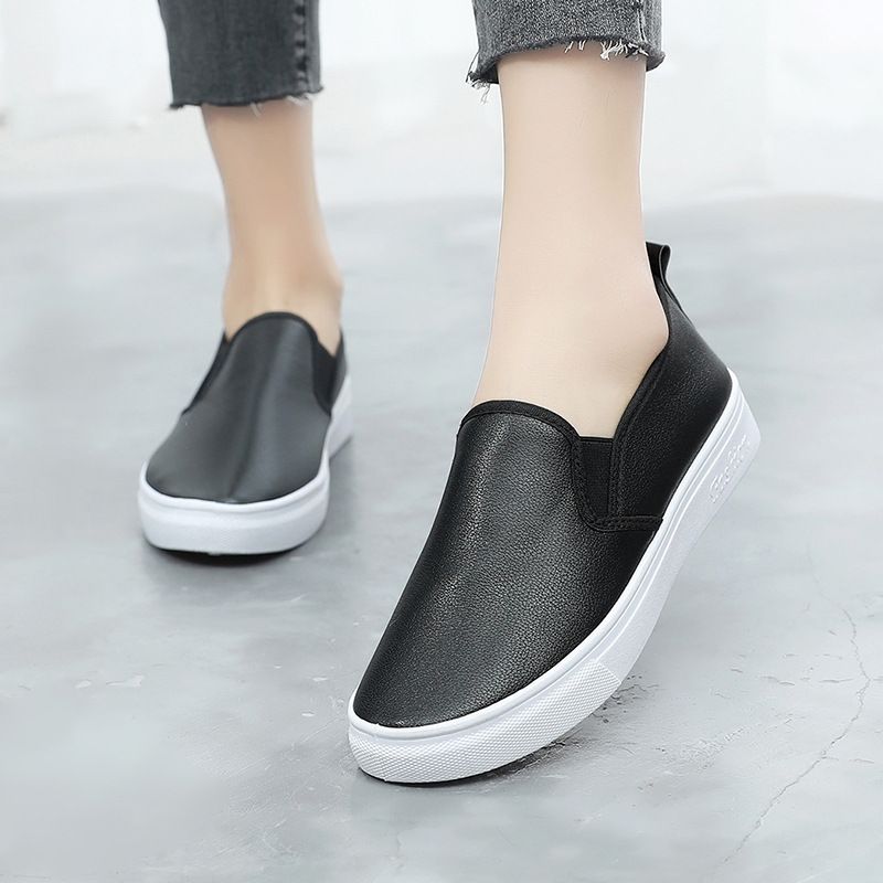 Korean Style White Shoes For Women, Flat Non-Slip Work Shoes, Casual White Leather Slip-On Comfortable Nurse Shoes For Women_vogvips.com