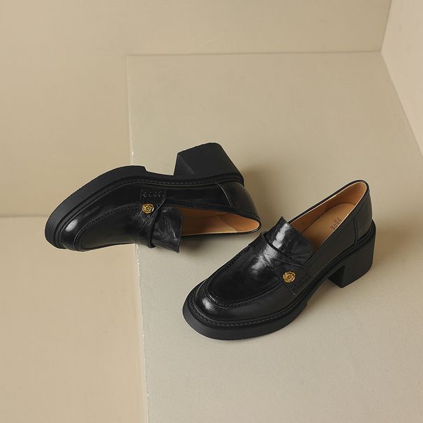 Goatskin ~ British Style Camellia Thick Sole High Loafers Women's Autumn Slip-on Leather Shoe Retro Chunky Heel Shoes_vogvips.com