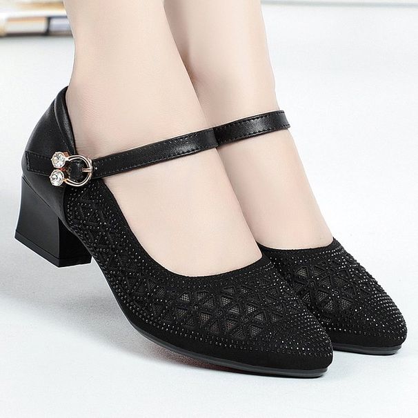 Mesh Sandals Hollow Breathable Single Shoes Low Heel Dancing Women's Shoes Fashion Mother Thick Heel Sandals_vogvips.com