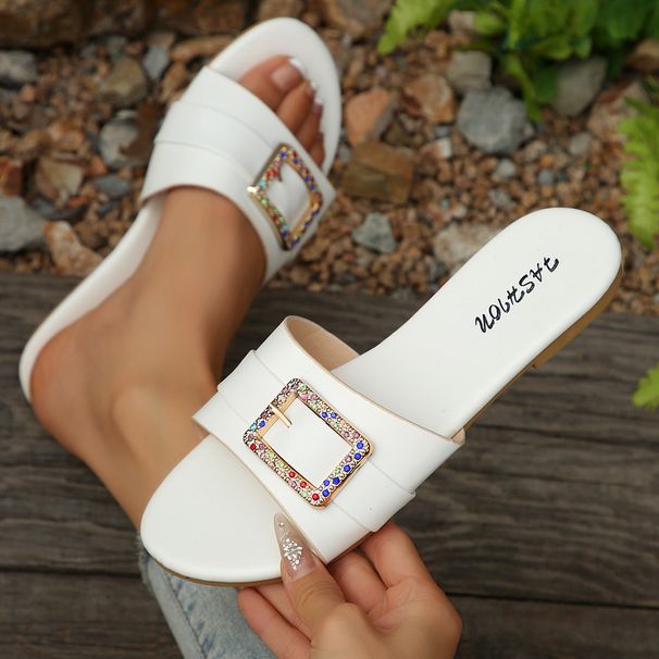 Women's Fashionable Slippers Round Toe Flat Sandals Classic Versatile Solid Color Metallic Decoration_vogvips.com