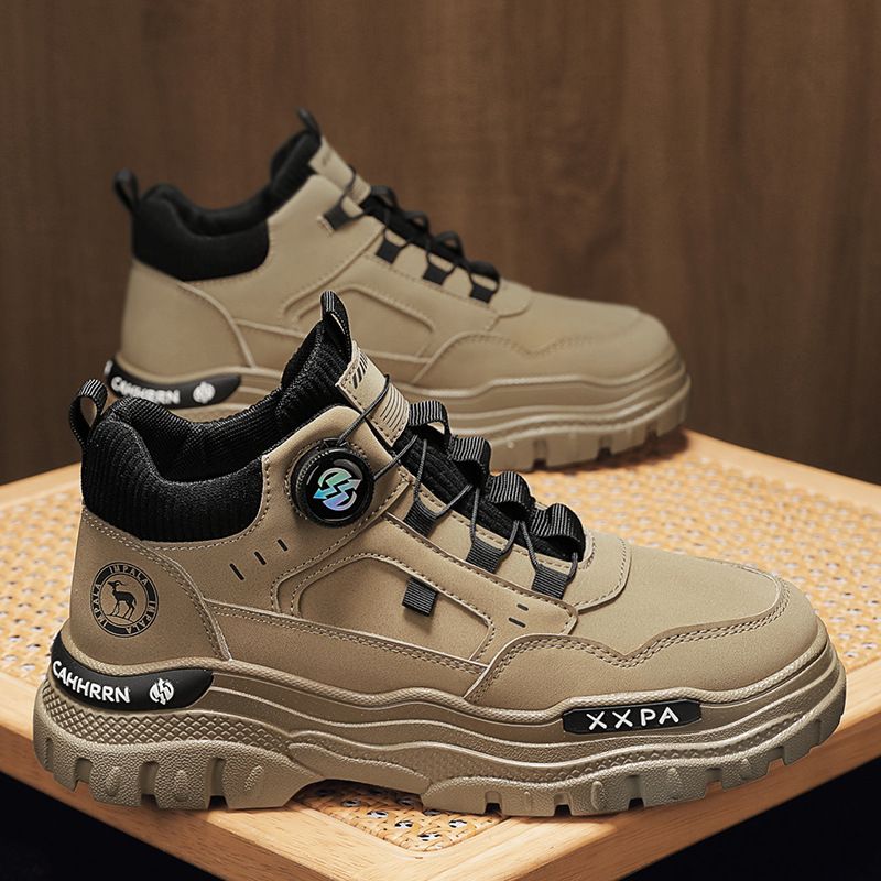 European Warm Series Men's Fashion Rotating Button No-Tie Slip-On Work Yellow Autumn Winter Outdoor Sports High-Top Martin Boots_vogvips.com