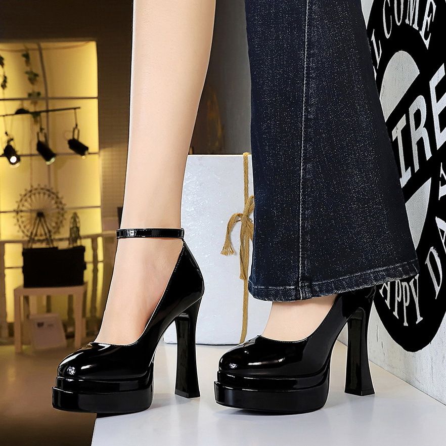 Round Head Single Shoes Women's High Heel Double-layer Waterproof Table Patent Leather With Shallow Mouth Women's Shoes Thick Heel High Heels_vogvips.com