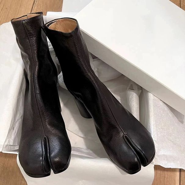 Women Ankle Boots Fashion Autumn Winter Soft Leather Split Toe Tabi Thick High Heels Chunky Shoes Ins Style Short Booties_vogvips.com