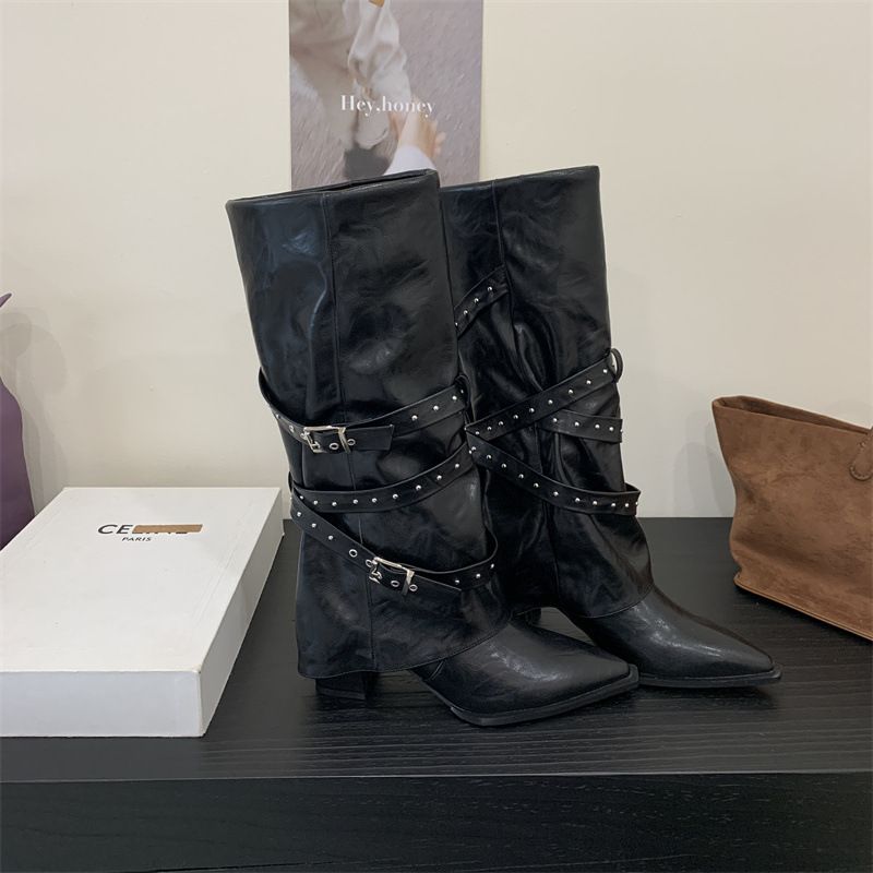Miting 2026 Autumn/Winter New Style Knee-High With Thick Heel, Rivets, And Belt Buckle, Pointed Toe High Boots For Women_vogvips.com