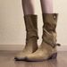 Vintage Khaki Suede Pleated Mid-calf Women's Boots With Side Buckle Design, Comfortable For Long-term Wear, Versatile_vogvips.com