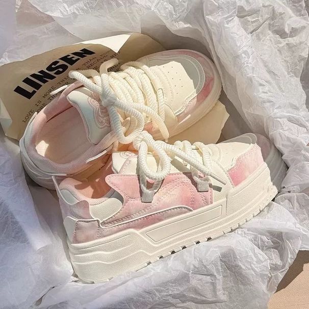 Womens Pink White Walking Shoes Anti Slip Gym Outdoor Sport Tennis Gradient Platform Sneakers With Chunky Laces_vogvips.com