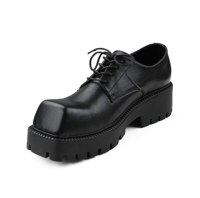 ShoeVault Spring And Autumn Cowhide Large Square Toe Leather New Thick Sole Platform Height Increasing Casual Derby Shoes For Men_vogvips.com