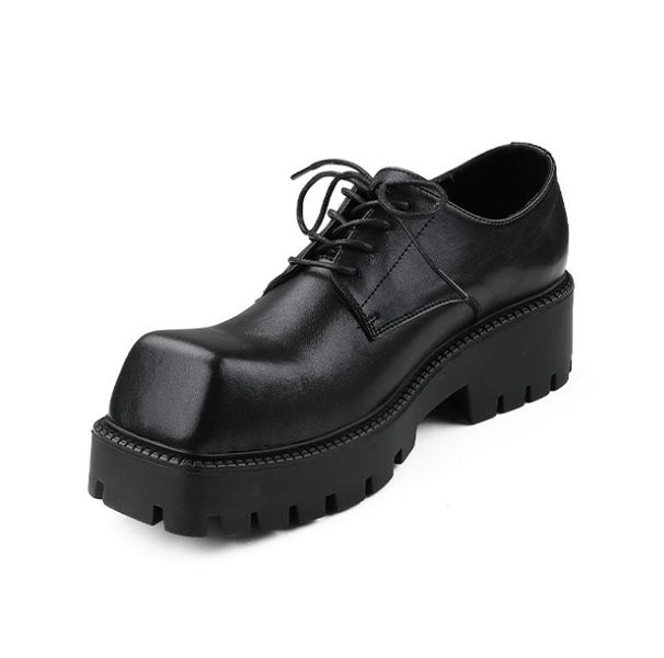 ShoeVault Spring And Autumn Cowhide Large Square Toe Leather New Thick Sole Platform Height Increasing Casual Derby Shoes For Men_vogvips.com