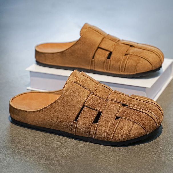 Dark Brown Suede Cut Out Closed Toe Slip On Mules Soft Cork Insole Casual Flat Clogs Slippers_vogvips.com