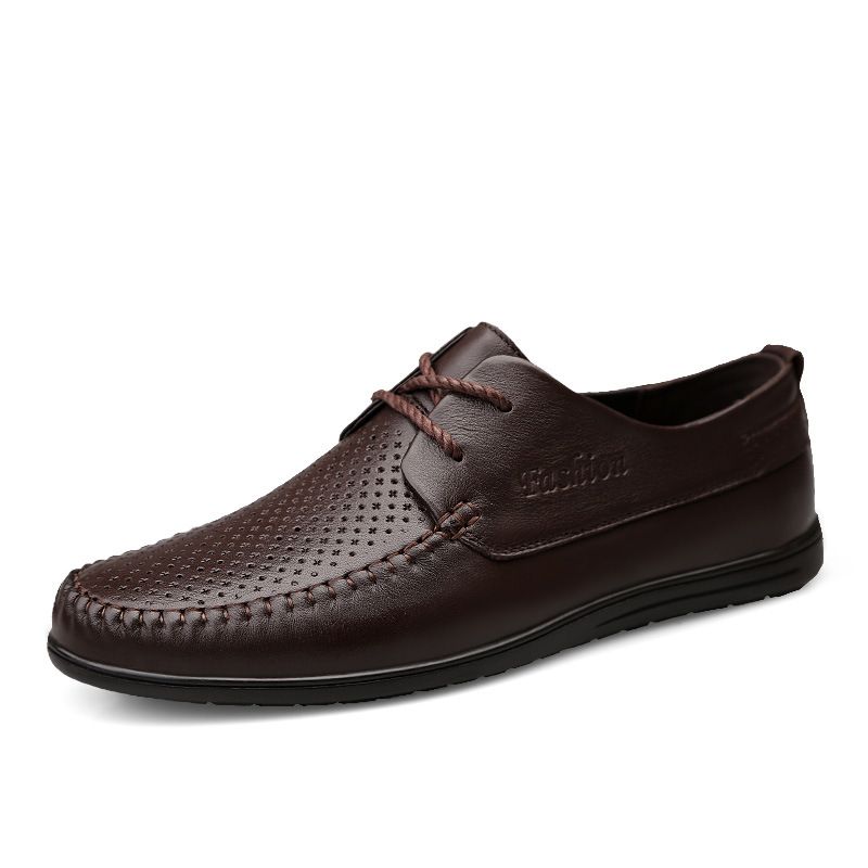 New Men's Business Casual Lace-up Leather Shoes Genuine Leather Hollow Breathable Leather Shoes Lightweight Hand-stitched Leather Shoes with Soft Sole_vogvips.com
