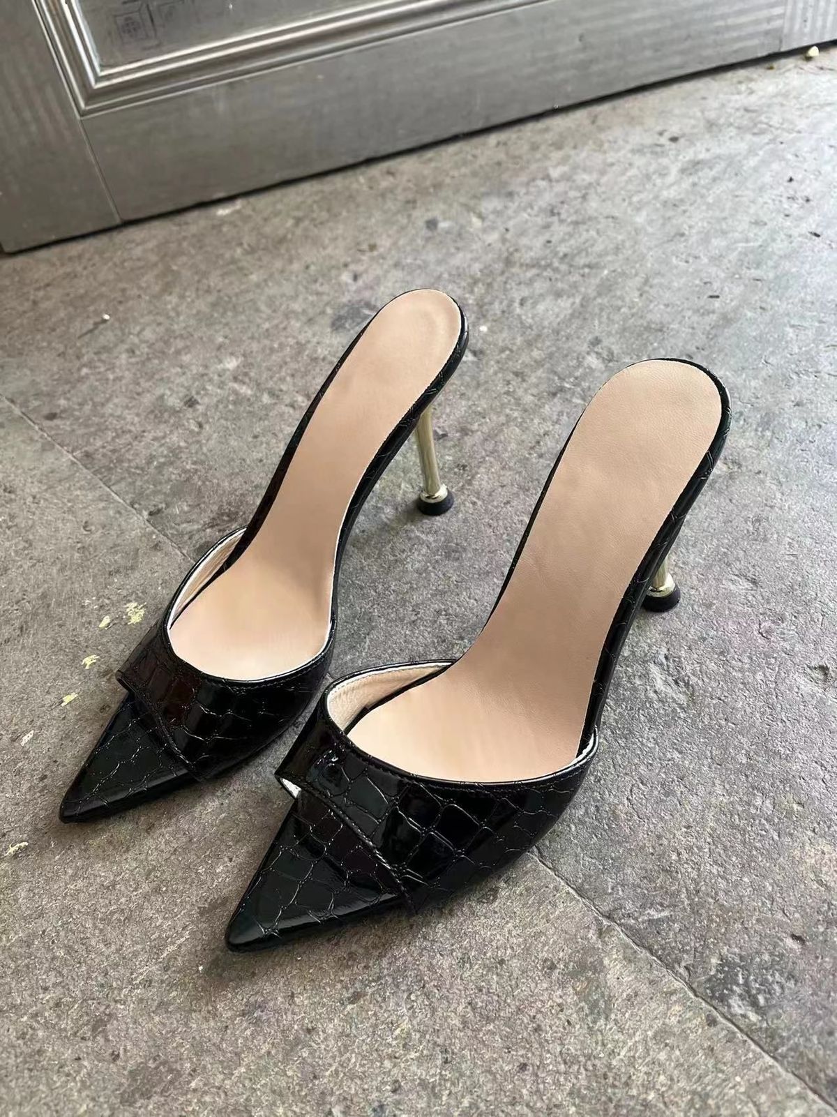 Snakeskin Print Pointed Stiletto Heel Slide Sandals For Women Fashion Open Toe High Heels Slippers_vogvips.com