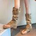Square Toe Post Sandals Summer Over-the-Knee High Tube Slim Chunky Heel Long Pleated Slouch Boots Women_vogvips.com