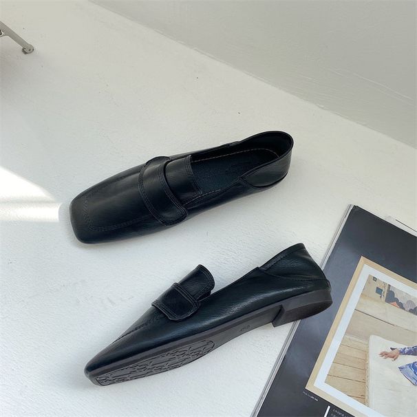 Women's Single 2023 New Spring Flat Square Toe Granny Shallow Mouth Sole Slip-On Small Shoes Korean Style Soft Leather_vogvips.com