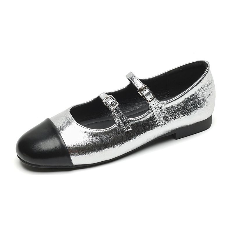 Silver Mary Jane Shoes Women's French Small Fragrant Style Word With Flat Single Shoes Large Size Women's Shoes_vogvips.com