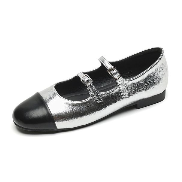 Silver Mary Jane Shoes Women's French Small Fragrant Style Word With Flat Single Shoes Large Size Women's Shoes_vogvips.com