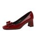 Square Head Bow Shallow Mouth Single Shoes Patent Leather Thick Heel Comfortable Women's Shoes_vogvips.com
