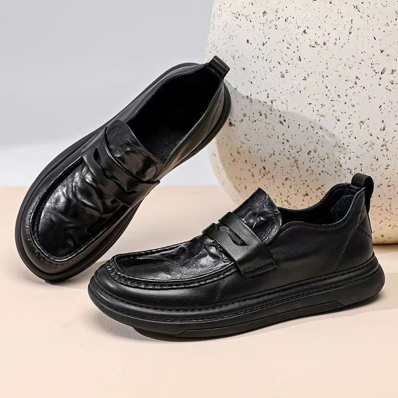 2025 Spring New Crooked Toe Leather Shoes Thick-Soled Loafers Men's Casual Slip-On Moccasins Trendy_vogvips.com
