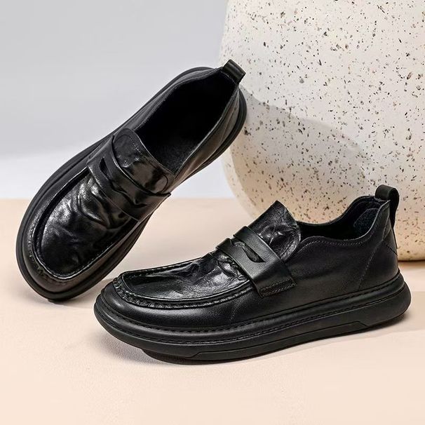 2025 Spring New Crooked Toe Leather Shoes Thick-Soled Loafers Men's Casual Slip-On Moccasins Trendy_vogvips.com