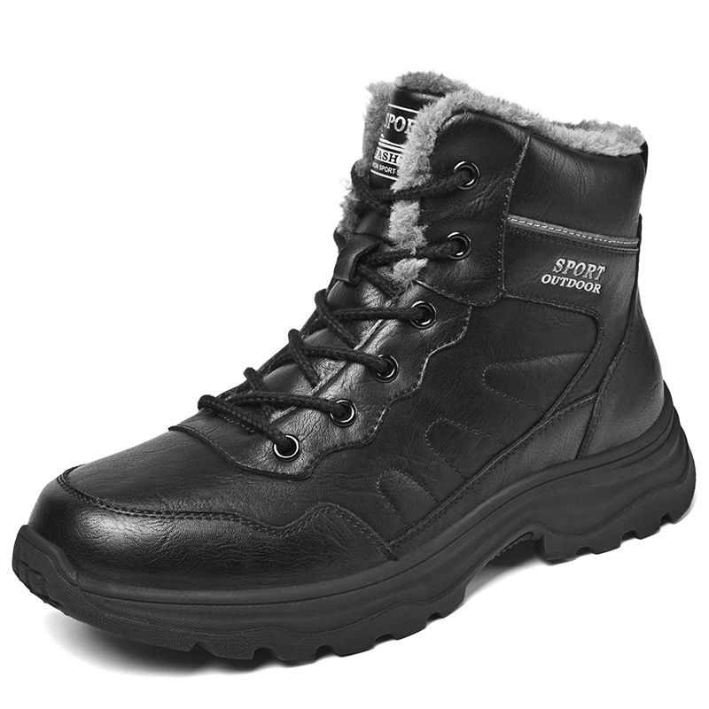 Black High-Top Men's Shoes Winter Fleece Warm Cotton Shoes Thick-Soled Non-Slip And Wear-Resistant Snow Boots Soft-Soled_vogvips.com