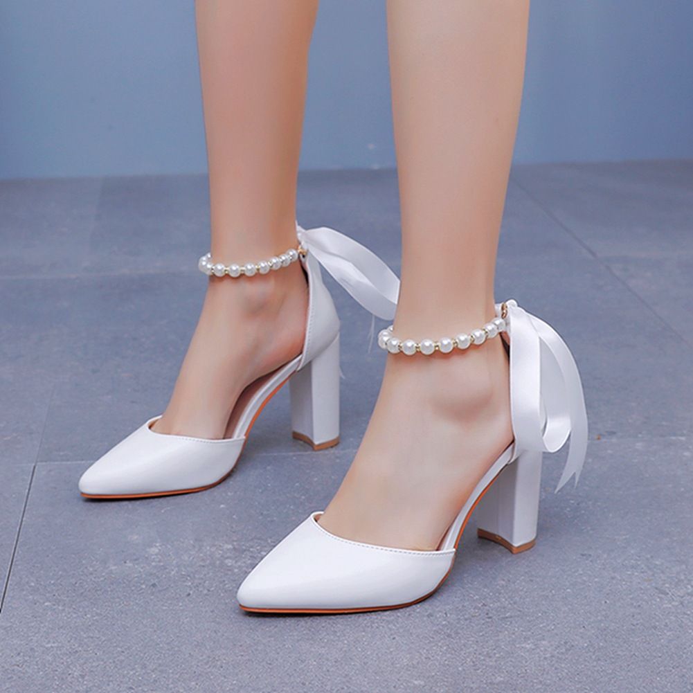 Women’s Shoes 7cm thick heel pointed toe sandals strappy shallow mouth women's sandals white beaded wedding bridal high heels large size shoes_vogvips.com